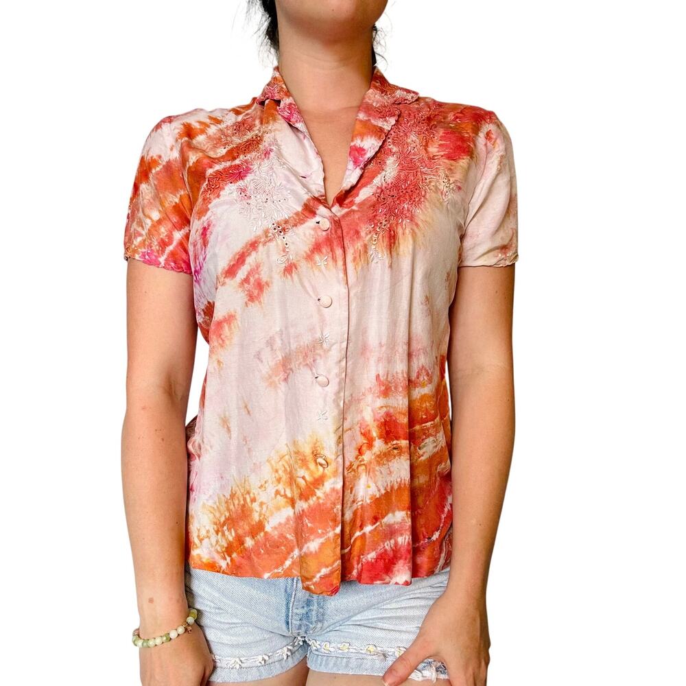 Vintage Silk Shibori Dyed Blouse Pink Orange Floral Embroidered Blouse